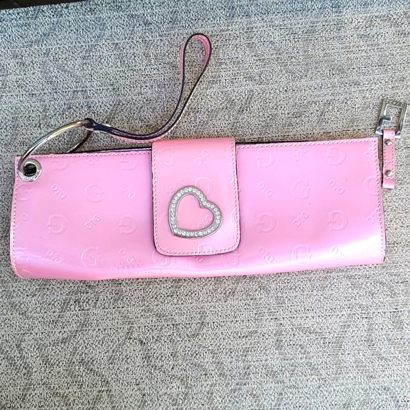 Guess Handbags - Guess pink patent leather embossed GG logo heart charm wristlet